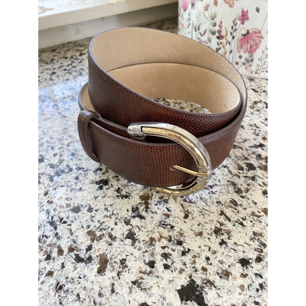 Chico's Lizard Embossed Statement Belt Womens S Brown Excellent Two Tone Buckle